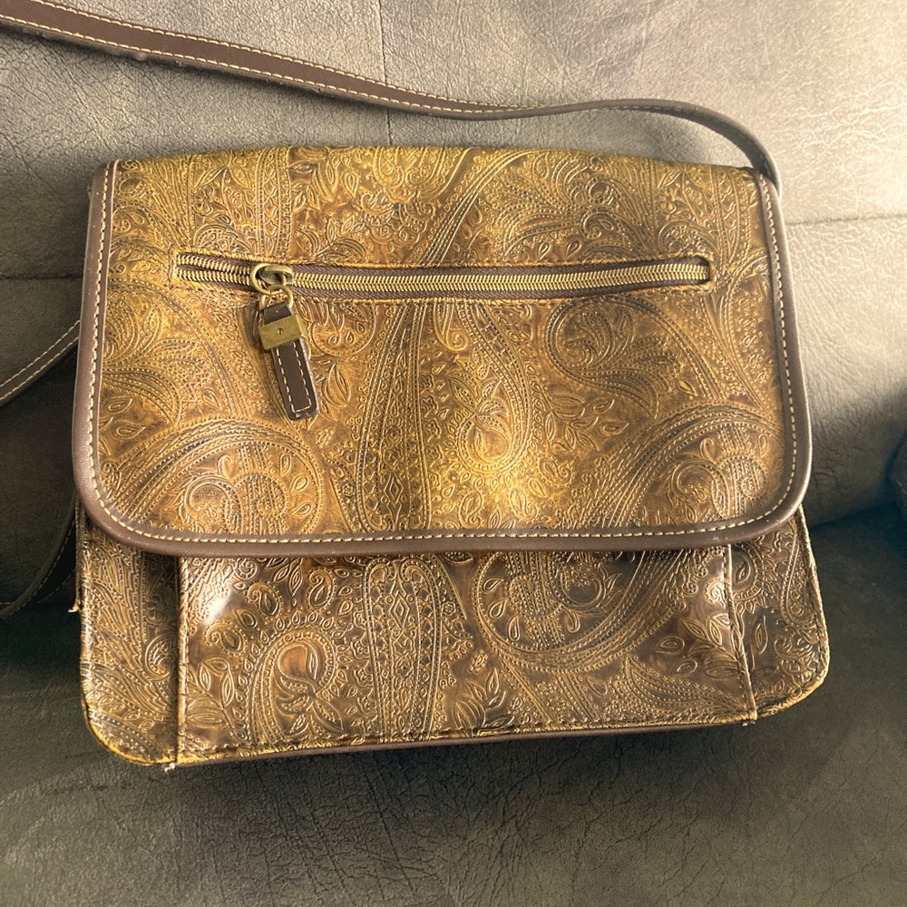 Embossed Paisley Leather Crossbody Bag in Brown